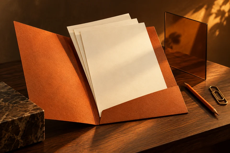 Concept illustration: An orange portfolio with cream pages, amber glass and warm afternoon light.