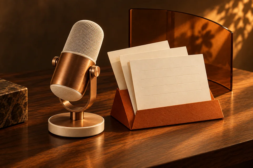 Concept illustration: A copper microphone beside cream cue cards and translucent amber glass.