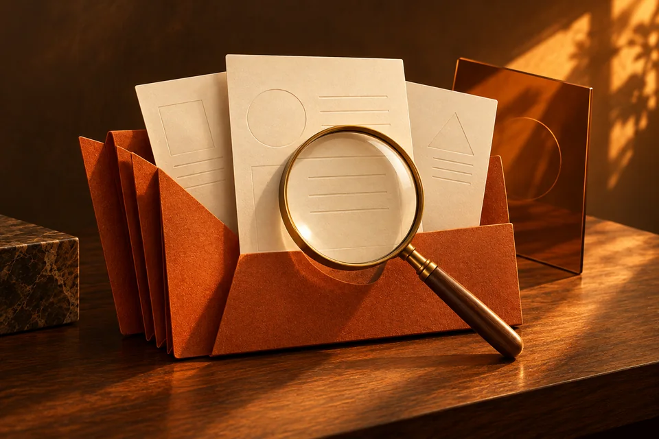 Concept illustration: An orange accordion file with cream opportunity cards and a brass magnifying glass.