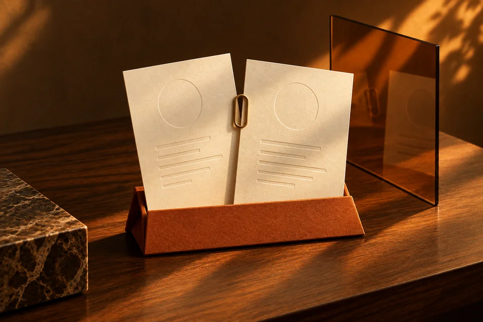 Concept illustration: Two embossed cream profile cards joined by a brass clip in an orange holder.