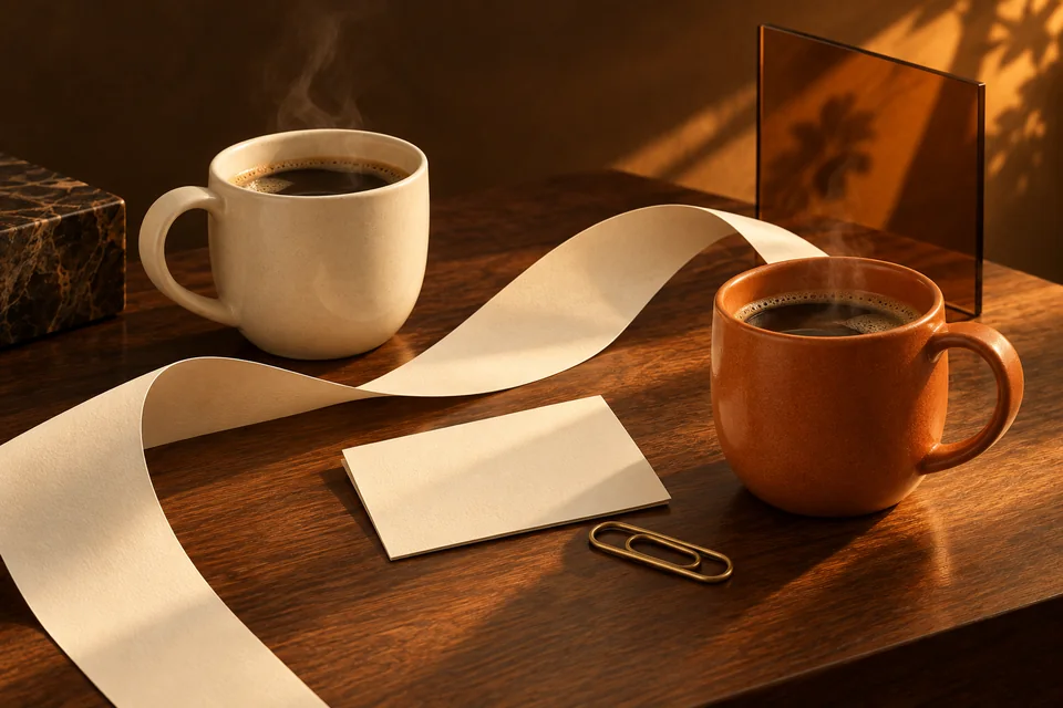 Concept illustration: Cream and orange coffee cups with a note card and a connecting paper ribbon.